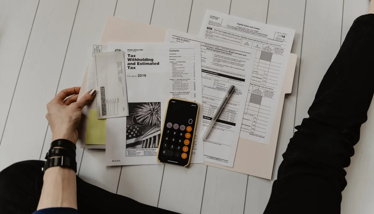 Tax forms, a calculator and a pen on a desk